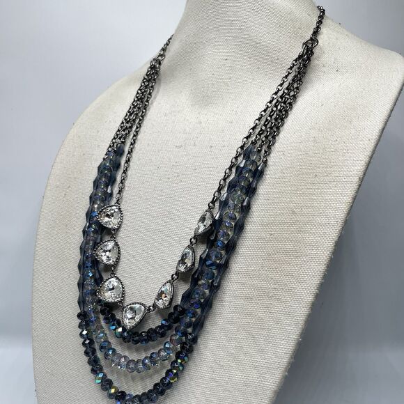 Gunmetal Tone All Glass Beaded Rhinestone Layered Statement Necklace Bold - Picture 4 of 6